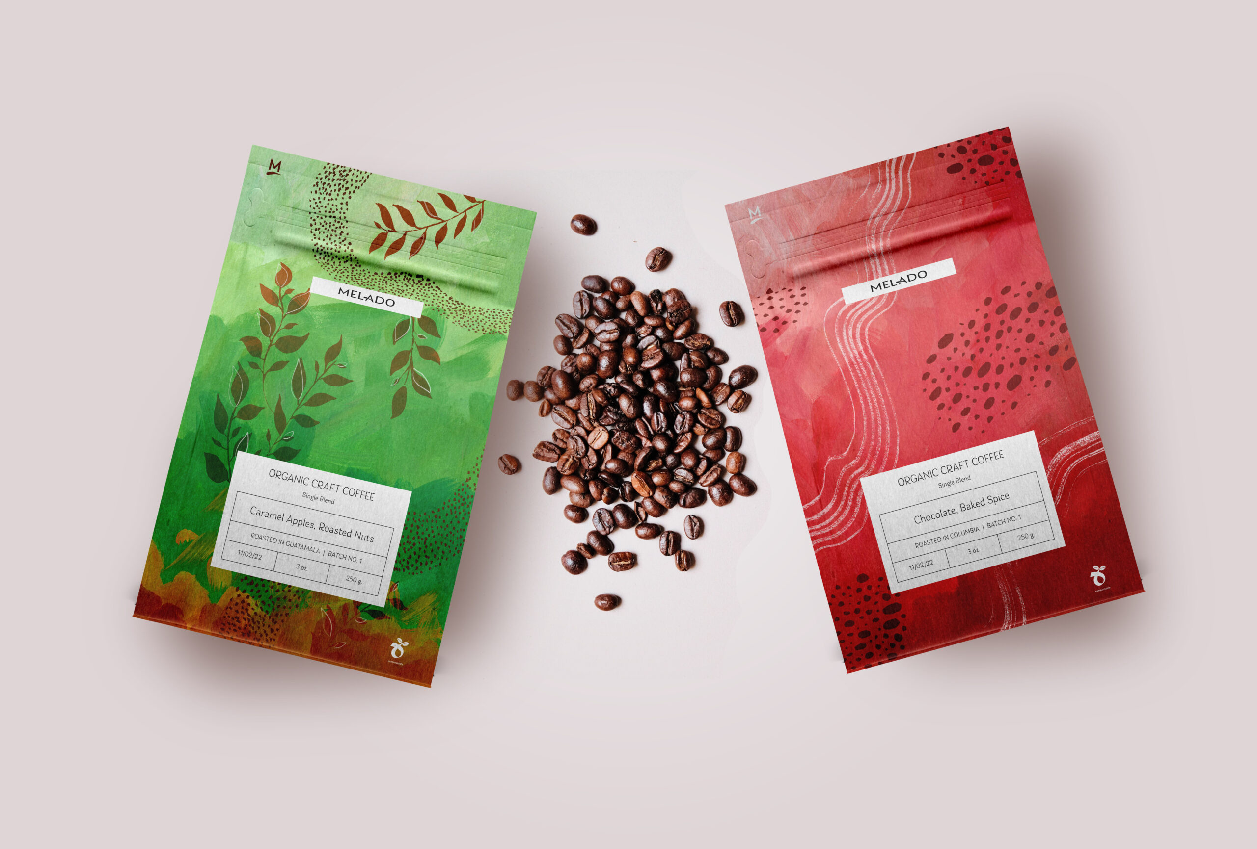 Melado Coffee Blends packaging, pair of bags (Caramel Apple & Chocolate)