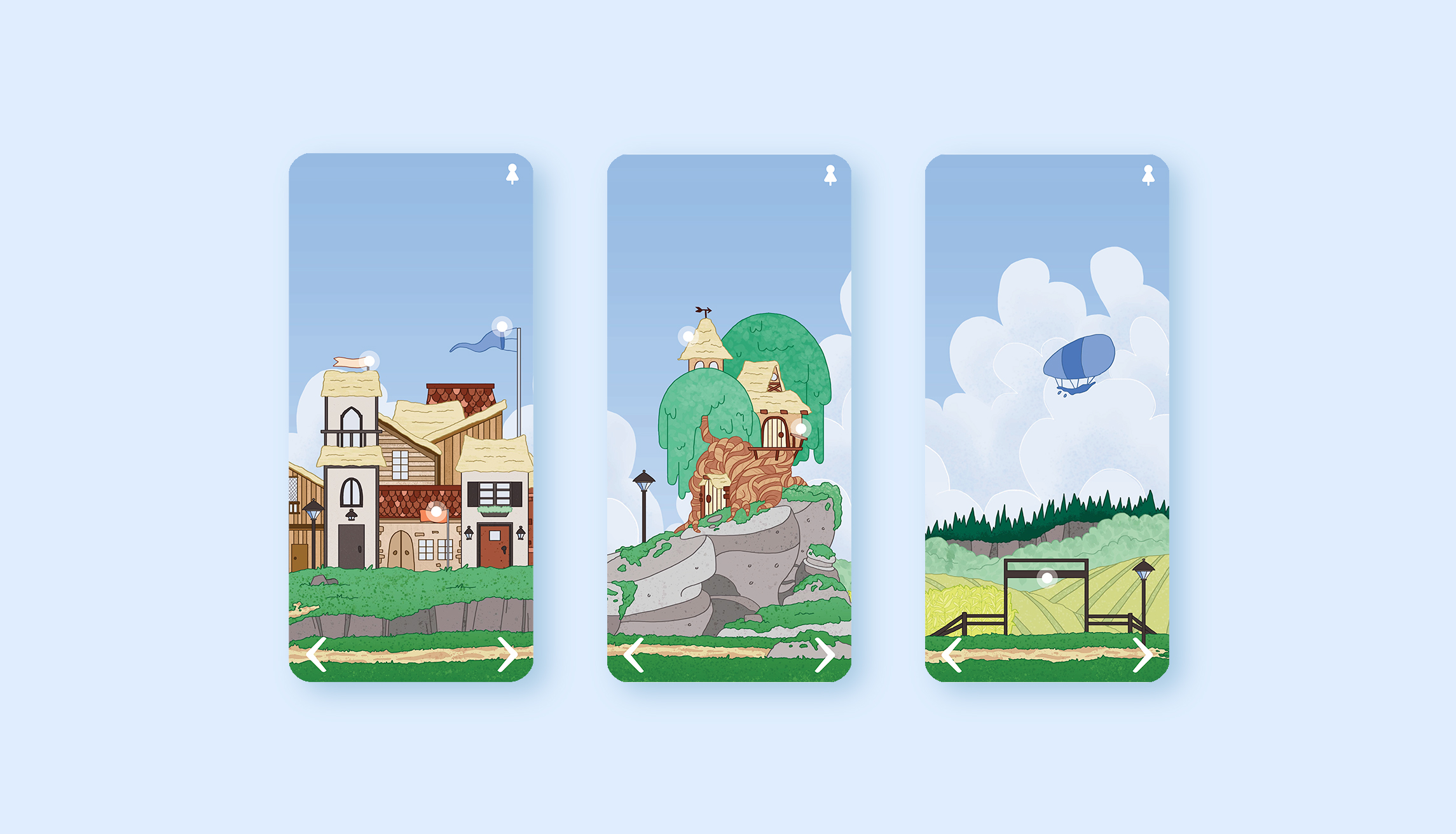 Cloud Town Home Screen – Town, Home and Farm (Left to right)